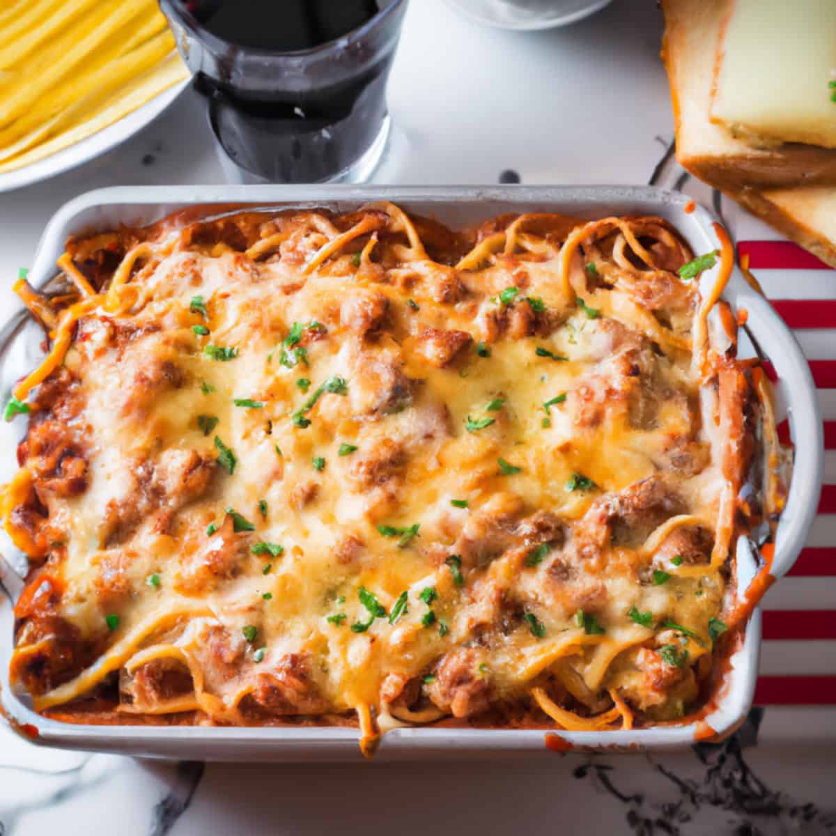 Grafted Pro cheesy baked pasta casserole with melted cheese, ground beef, and fresh herbs in a white baking dish. Topped with shredded cheese and garnished with parsley. Perfect comfort food.