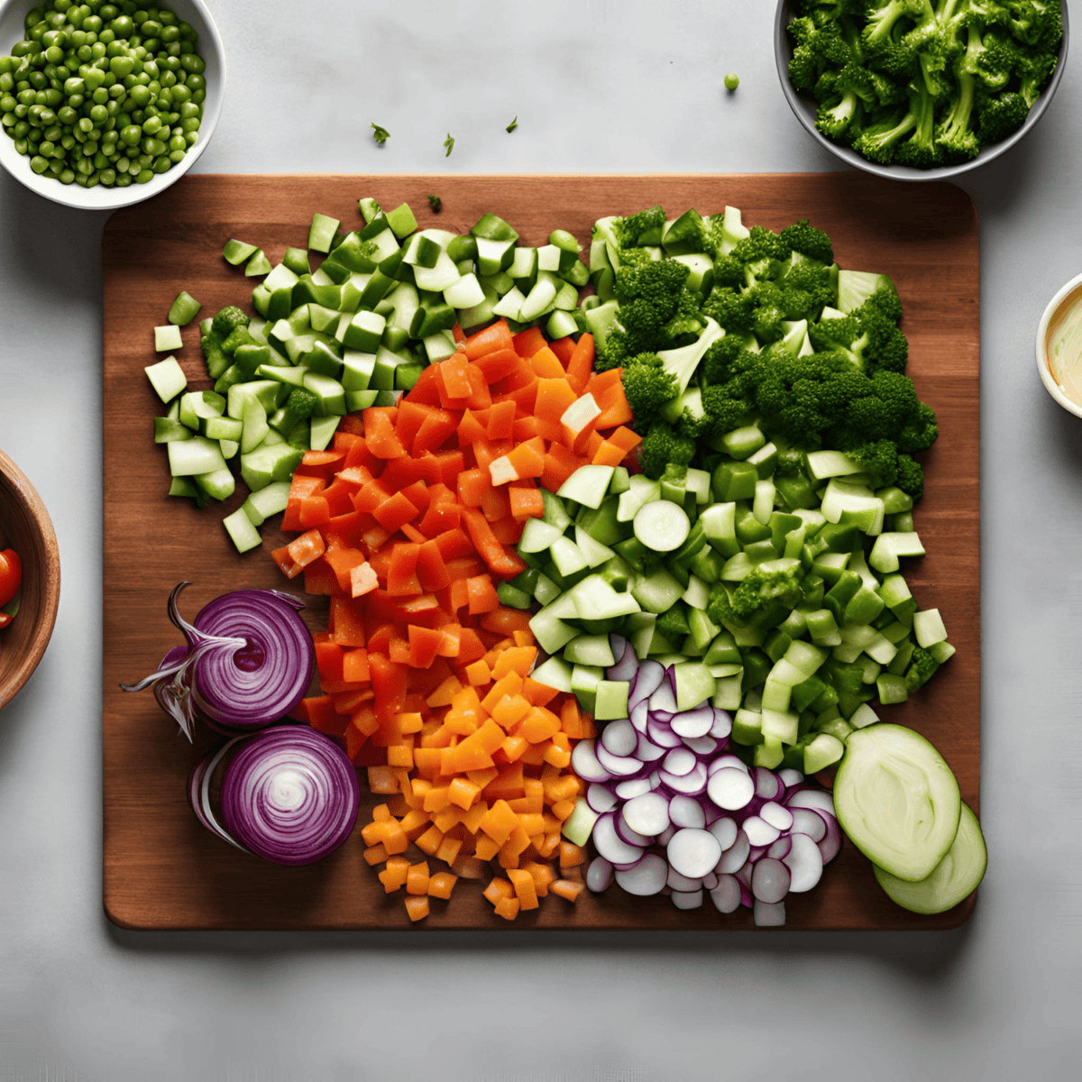 Fresh chopped vegetables including cucumbers, carrots, broccoli, zucchini, red onion, and snap peas on a wooden cutting board for healthy meal preparation.