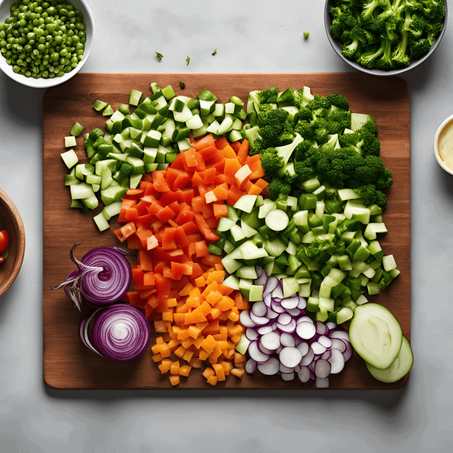 Fresh chopped vegetables including cucumbers, carrots, broccoli, zucchini, red onion, and snap peas on a wooden cutting board for healthy meal preparation.