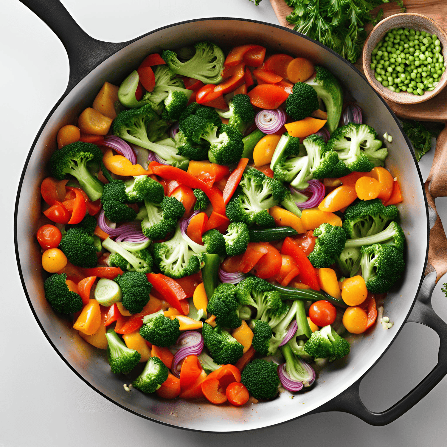 Colorful assortment of fresh chopped vegetables including broccoli, red and yellow bell peppers, cherry tomatoes, and onions in a non-stick skillet. Ideal for healthy meal prep and stir-fry recipes.