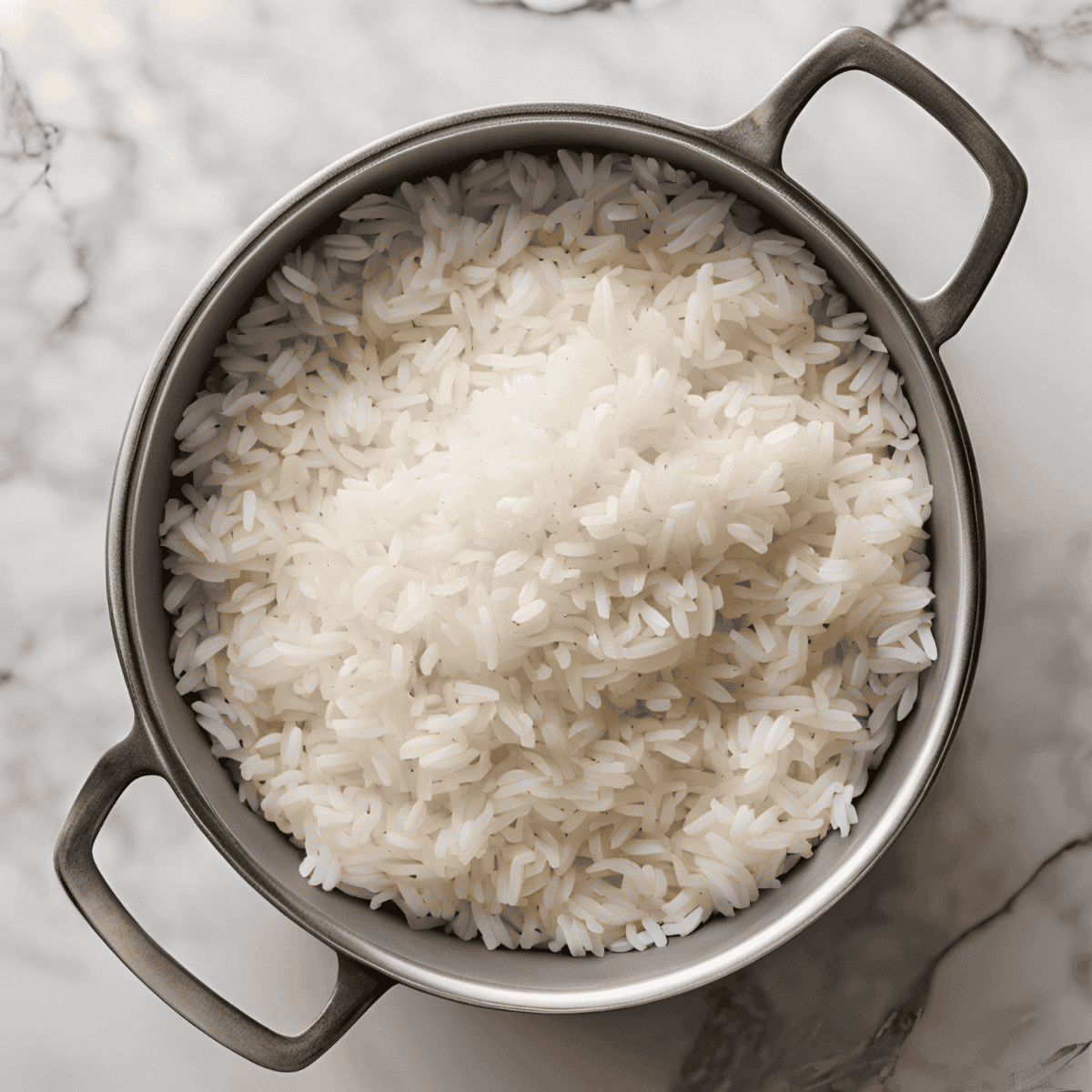 Fluffy cooked basmati rice in a stainless steel pot, ready for serving, perfect for rice dishes and meal prep.