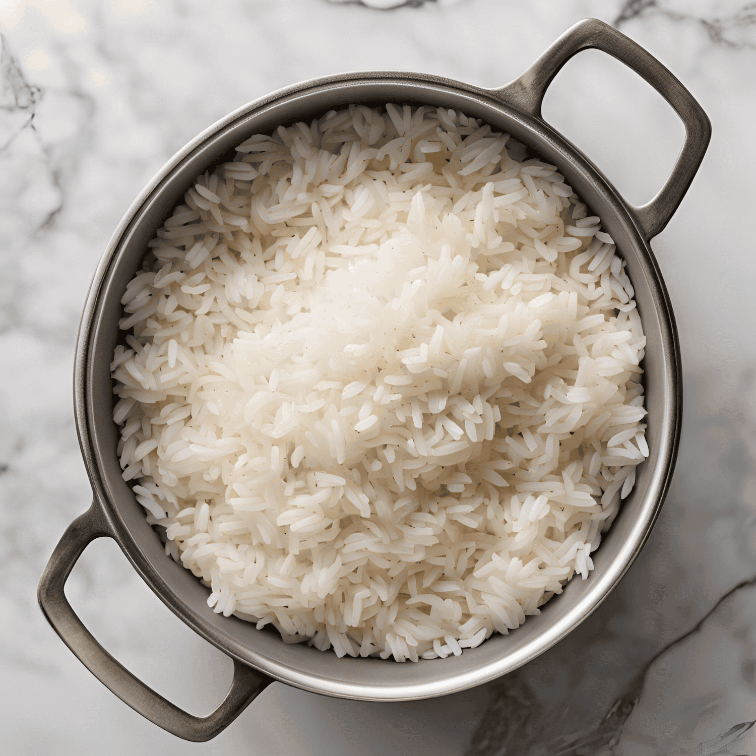 Fluffy cooked basmati rice in a stainless steel pot, ready for serving, perfect for rice dishes and meal prep.