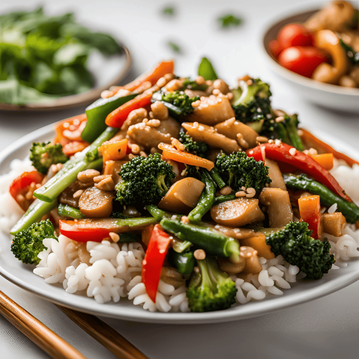 Vibrant vegetable stir-fry with broccoli, red bell peppers, carrots, and green beans served over white rice, highlighting fresh, healthy ingredients for a nutritious meal.
