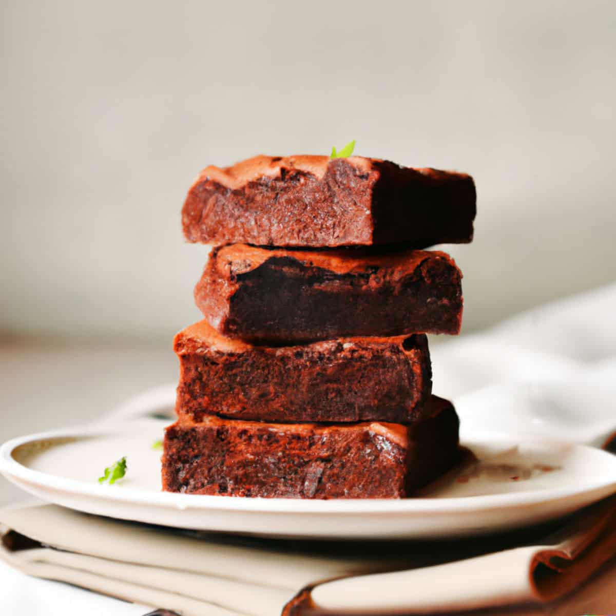 Rich, decadent brownies stacked on a white plate, showcasing its fudgy texture and chocolate flavor, perfect for dessert lovers and baking enthusiasts.