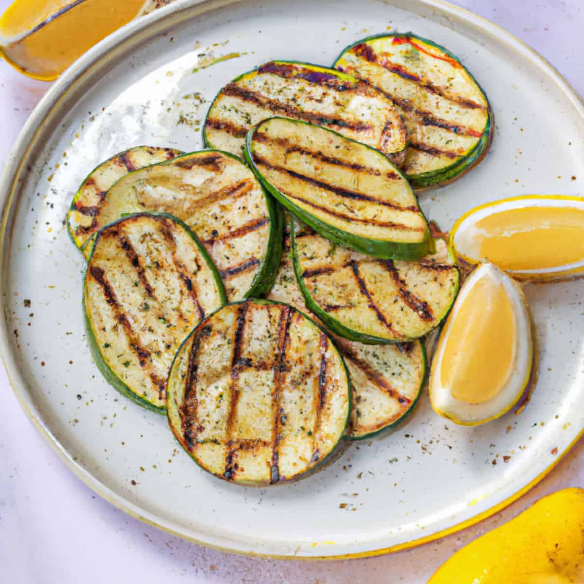 Grilled zucchini slices with crispy edges served with lemon wedges on a white plate, highlighting healthy and flavorful vegetable dishes. Perfect for summer meals or low-carb recipes.
