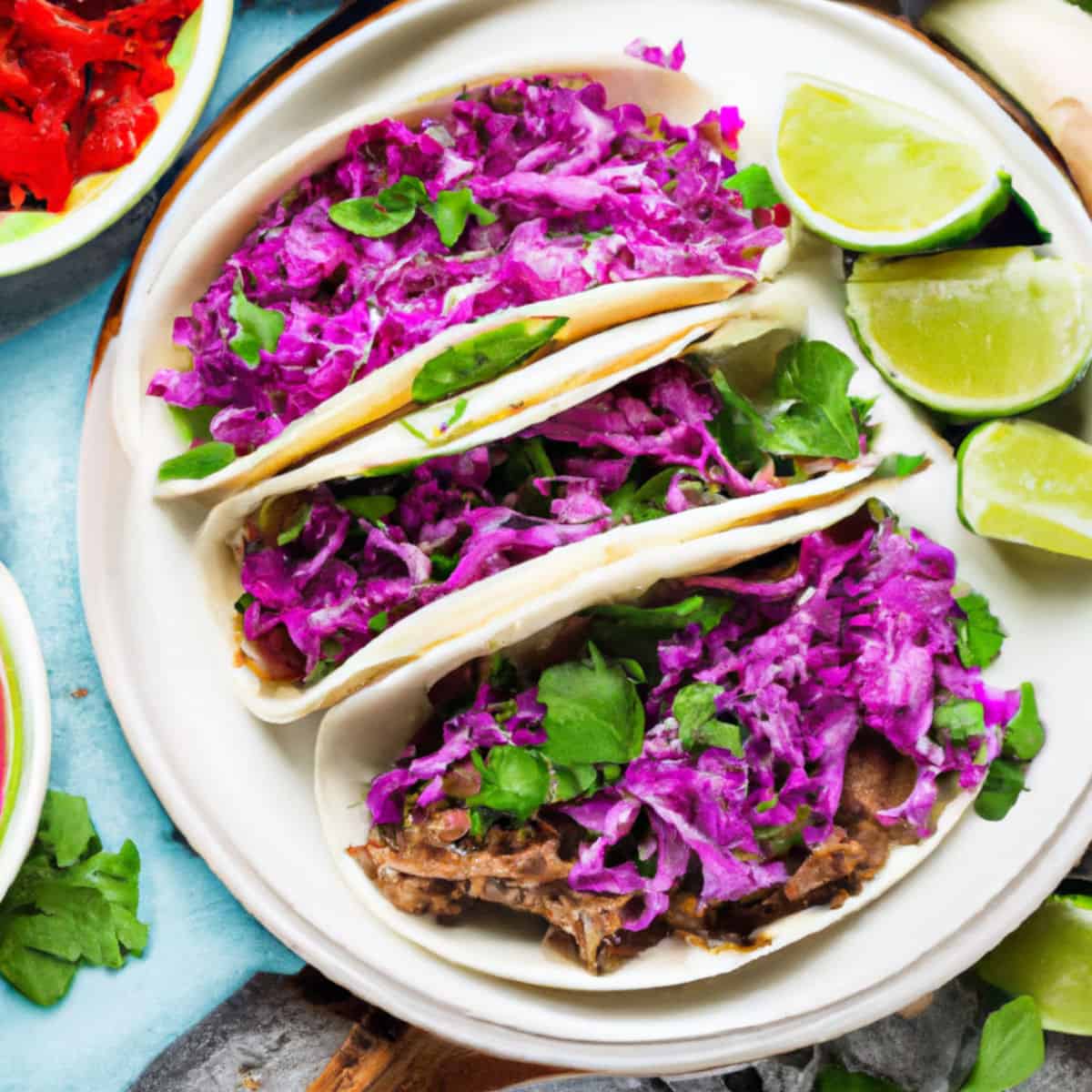 Grafted Pro tacos with vibrant purple cabbage slaw, fresh lime wedges, and soft tortillas served on a white plate for a delicious Mexican-inspired dish.