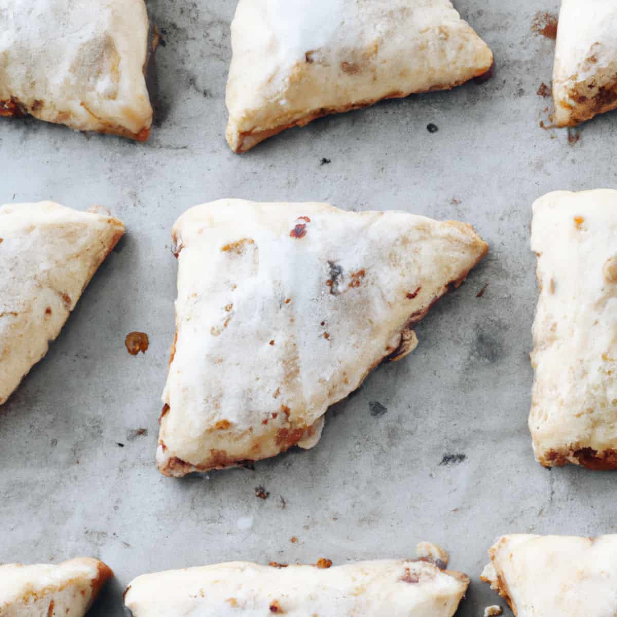 Flaky scones with a dusting of powdered sugar, freshly baked and arranged on a baking sheet. Perfect for breakfast or tea, these homemade scones feature a golden, crispy exterior and soft, buttery interior.