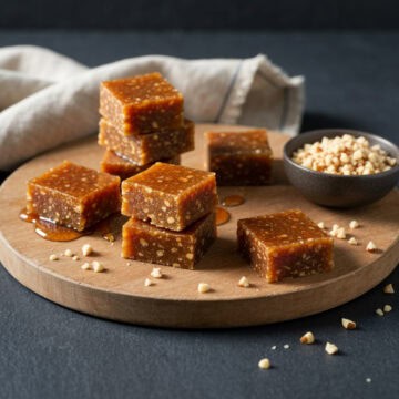 Homemade Julknäck candy pieces on a rustic wooden board.