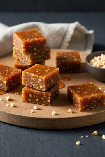 Homemade Julknäck candy pieces on a rustic wooden board.