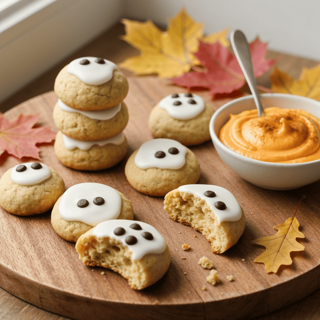 Grafted-pro-halloween-cookies-with-ghost-faces-and-fall-leaves on wooden tray with pumpkin spice dip.