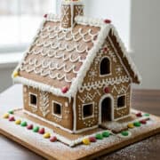 Festive gingerbread house with white icing and candy decorations.