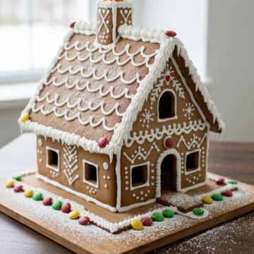 Festive gingerbread house with white icing and candy decorations.