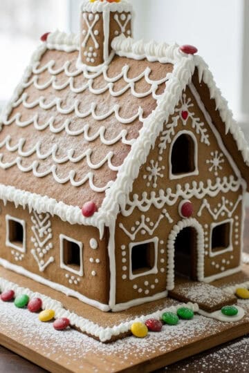 Festive gingerbread house with white icing and candy decorations.