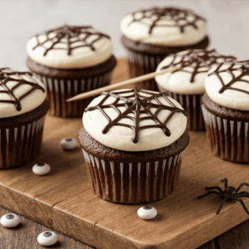 Chocolate cupcake with spiderweb decoration and white frosting, perfect for Halloween treats. Deliciously decorated for themed parties or spooky celebrations.