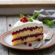 Jultårta med lingon och grädde slice on ceramic plate