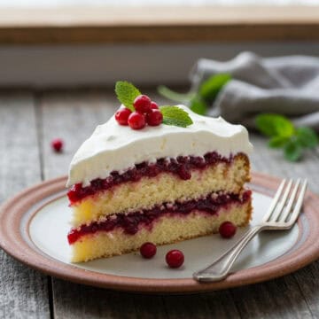 Jultårta med lingon och grädde slice on ceramic plate