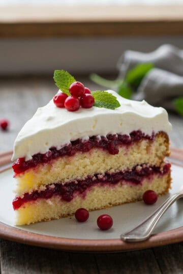 Jultårta med lingon och grädde slice on ceramic plate