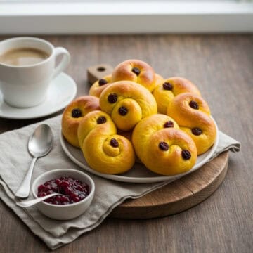 Golden yellow Swedish saffron buns with raisins on rustic board.