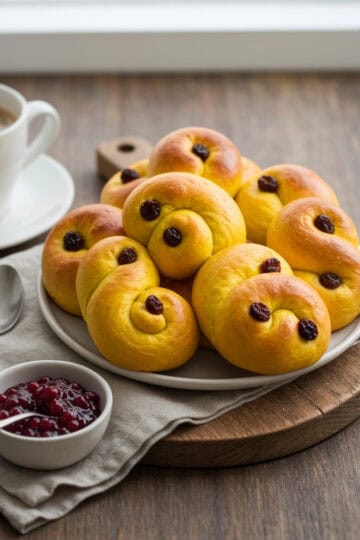 Golden yellow Swedish saffron buns with raisins on rustic board.