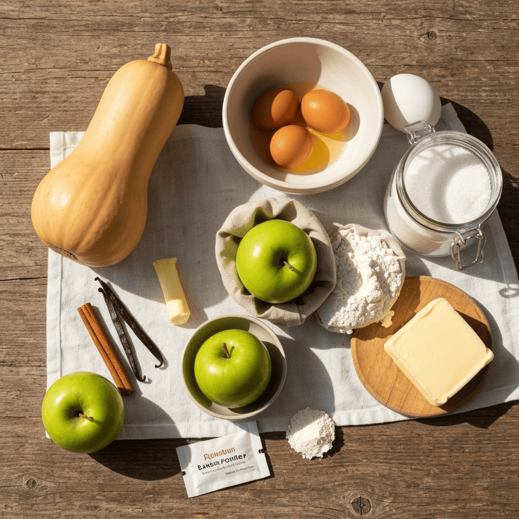 Fresh ingredients for grafted PRO, including apples, eggs, gourd, butter, sugar, flour, and spices, arranged on a rustic wooden surface for baking or cooking.
