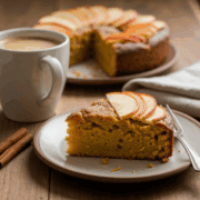 Butterscotch apple cake garnished with fresh apple slices and served with a cup of coffee on a rustic wooden table.