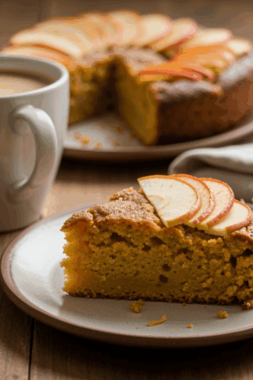 Butterscotch apple cake garnished with fresh apple slices and served with a cup of coffee on a rustic wooden table.