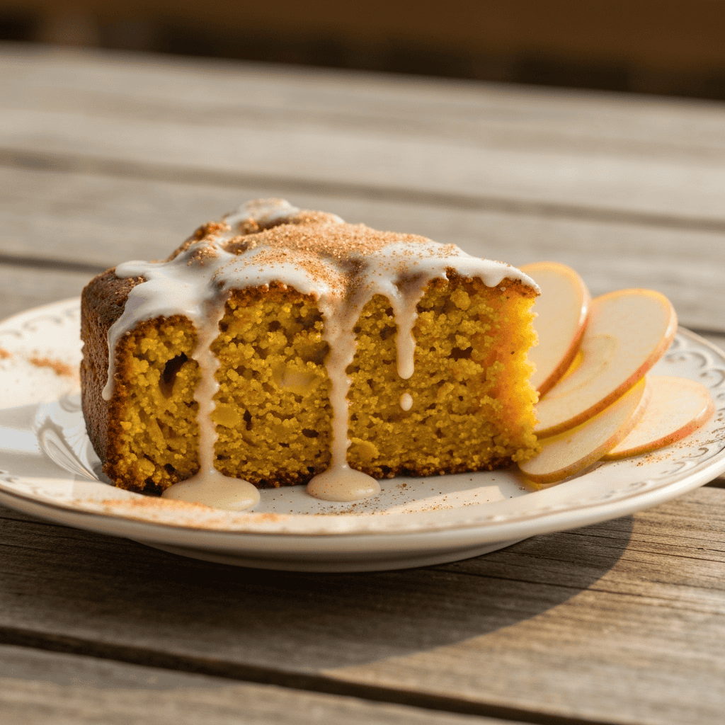 Moist apple cake with cinnamon and icing on a vintage plate, served with fresh apple slices, perfect for autumn desserts.