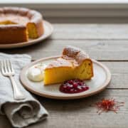 Saffron kladdkaka with lingonberry jam and whipped cream