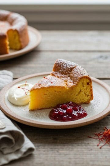 Saffron kladdkaka with lingonberry jam and whipped cream