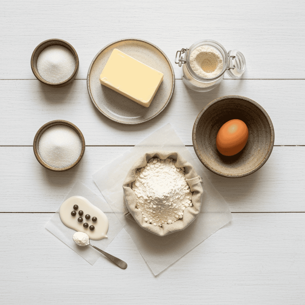 Flour, eggs, butter, sugar, and baking ingredients arranged on a white wooden surface for baking or cooking, showcasing natural and minimalistic food preparation ingredients.