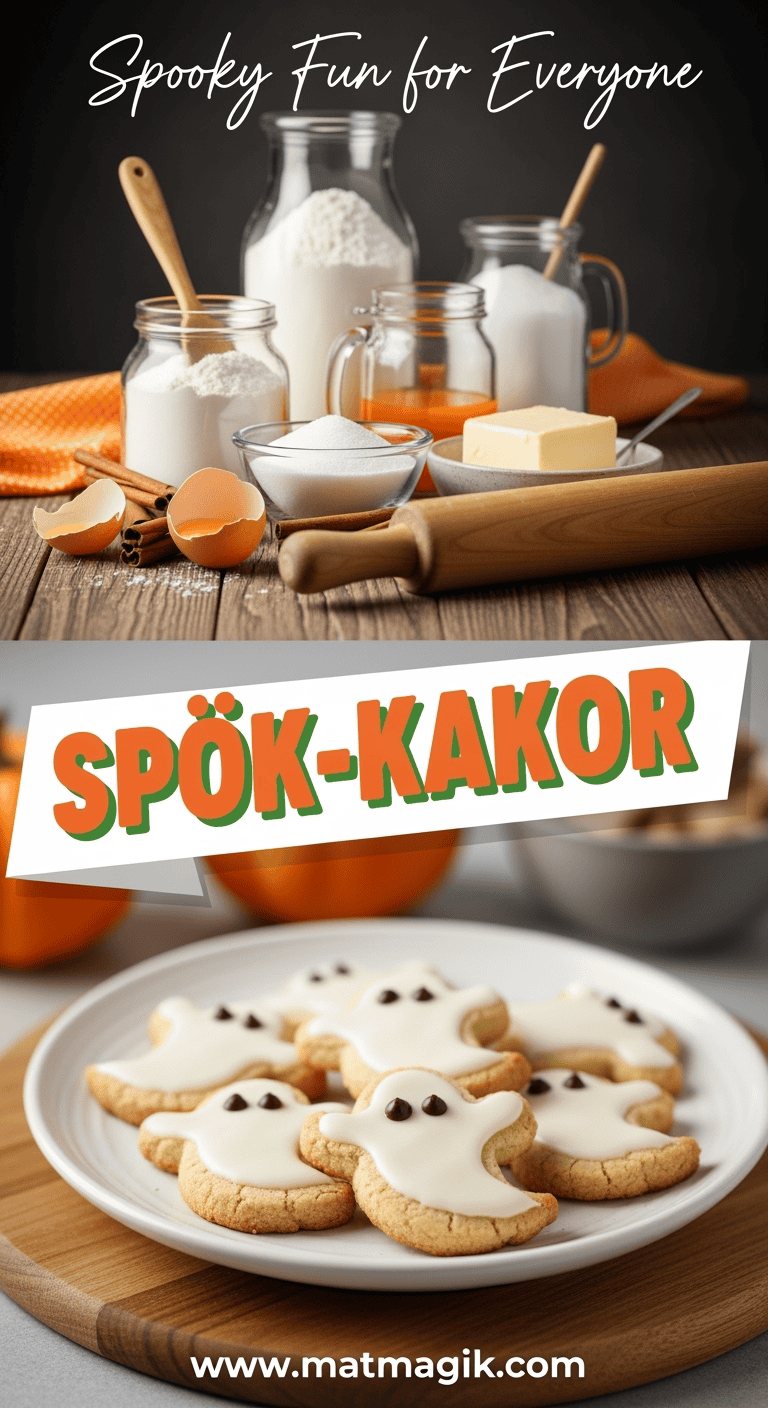 Cream ingredients for spooky Halloween baking, including flour, butter, eggs, sugar, and spices, with Halloween-themed ghost cookies on a wooden platter. Perfect for festive treats.