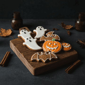 Colorful Halloween-themed decorated cookies with ghosts, bats, pumpkins, and spooky details on a wooden board, perfect for Halloween treats and holiday baking.