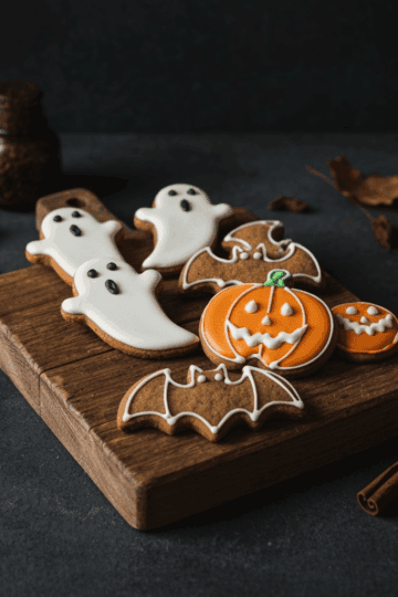 Colorful Halloween-themed decorated cookies with ghosts, bats, pumpkins, and spooky details on a wooden board, perfect for Halloween treats and holiday baking.