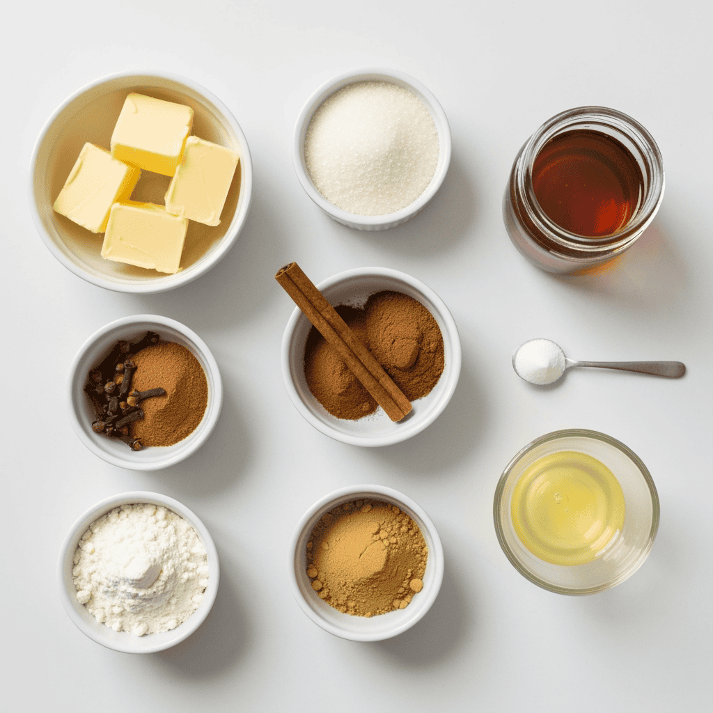 Butter cubes, sugar, honey, spices, flour, vanilla extract, cinnamon stick, clove powder, baking ingredients, cooking essentials, baking spices for Grafted Pro recipes.