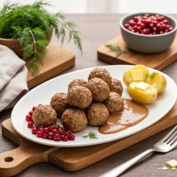 Swedish meatballs recipe with creamy sauce and lingonberry jam
