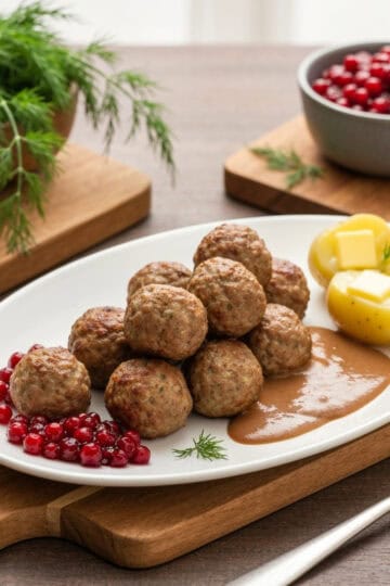 Swedish meatballs recipe with creamy sauce and lingonberry jam